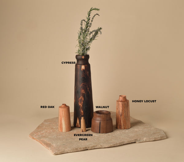 Cypress, Red Oak, Honey Locust, Walnut and Evergreen Pear Vessels