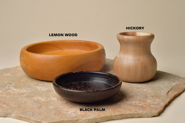 Lemon Wood Salad Bowl, Black Palm Bowl, and Hickory Vessel