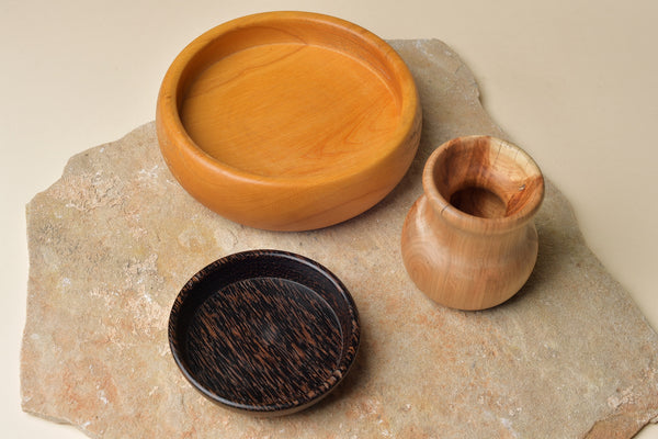 Lemon Wood Salad Bowl, Black Palm Bowl, and Hickory Vessel