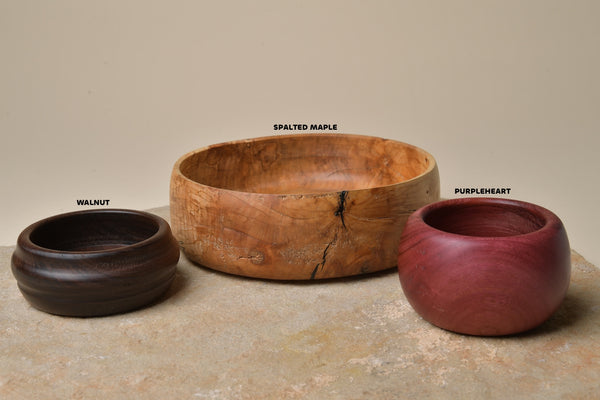 Spalted Maple Serving Bowl and Purpleheart and Walnut Bowls