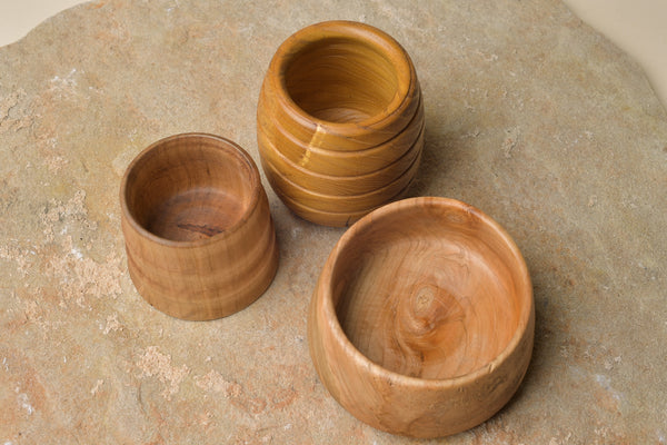 Black Locust, Evergreen Pear, and Spalted Maple: Short King Bowls