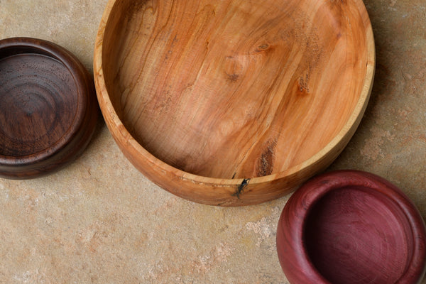 Spalted Maple Serving Bowl and Purpleheart and Walnut Bowls